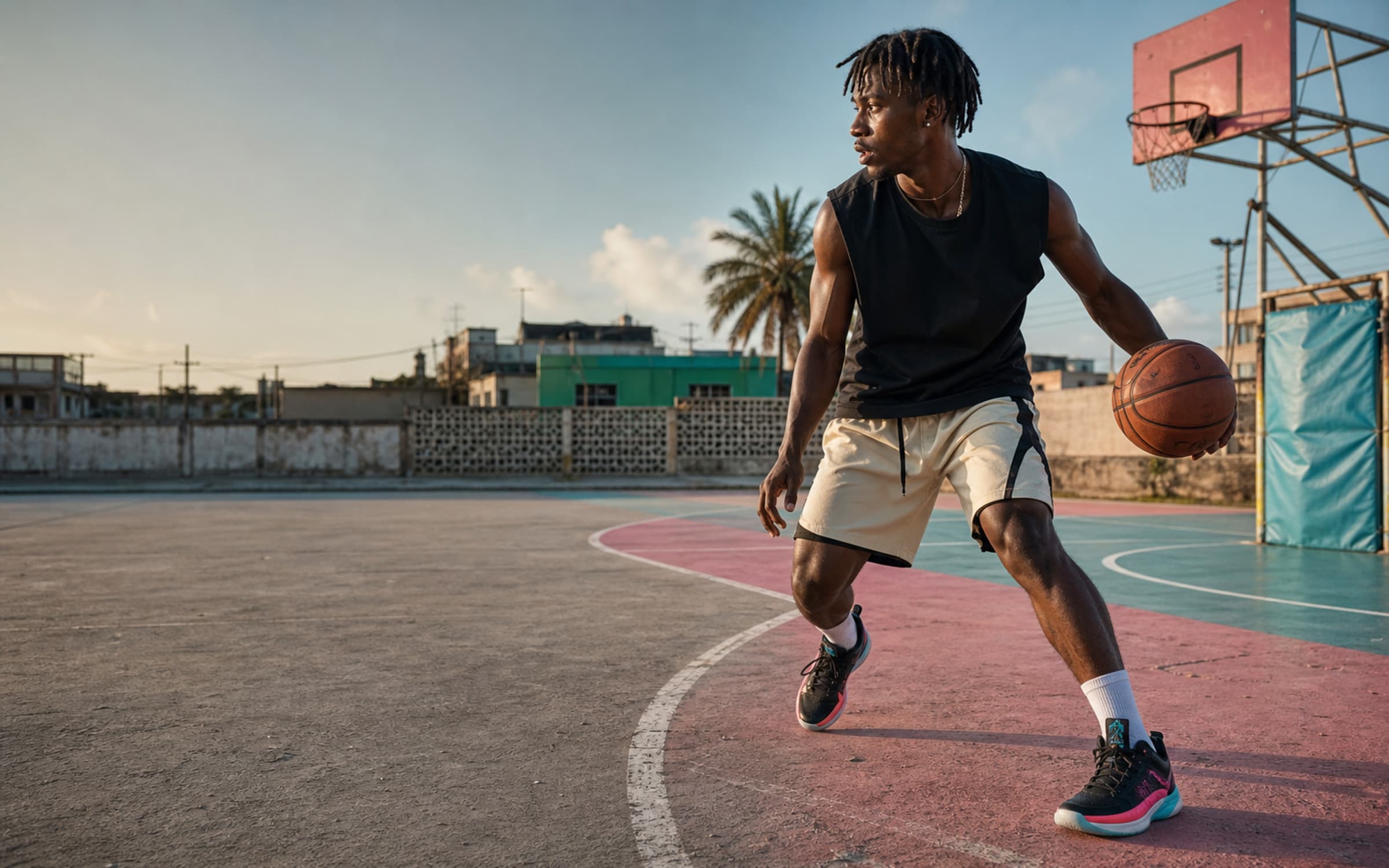 Basketball player in an urban court setting