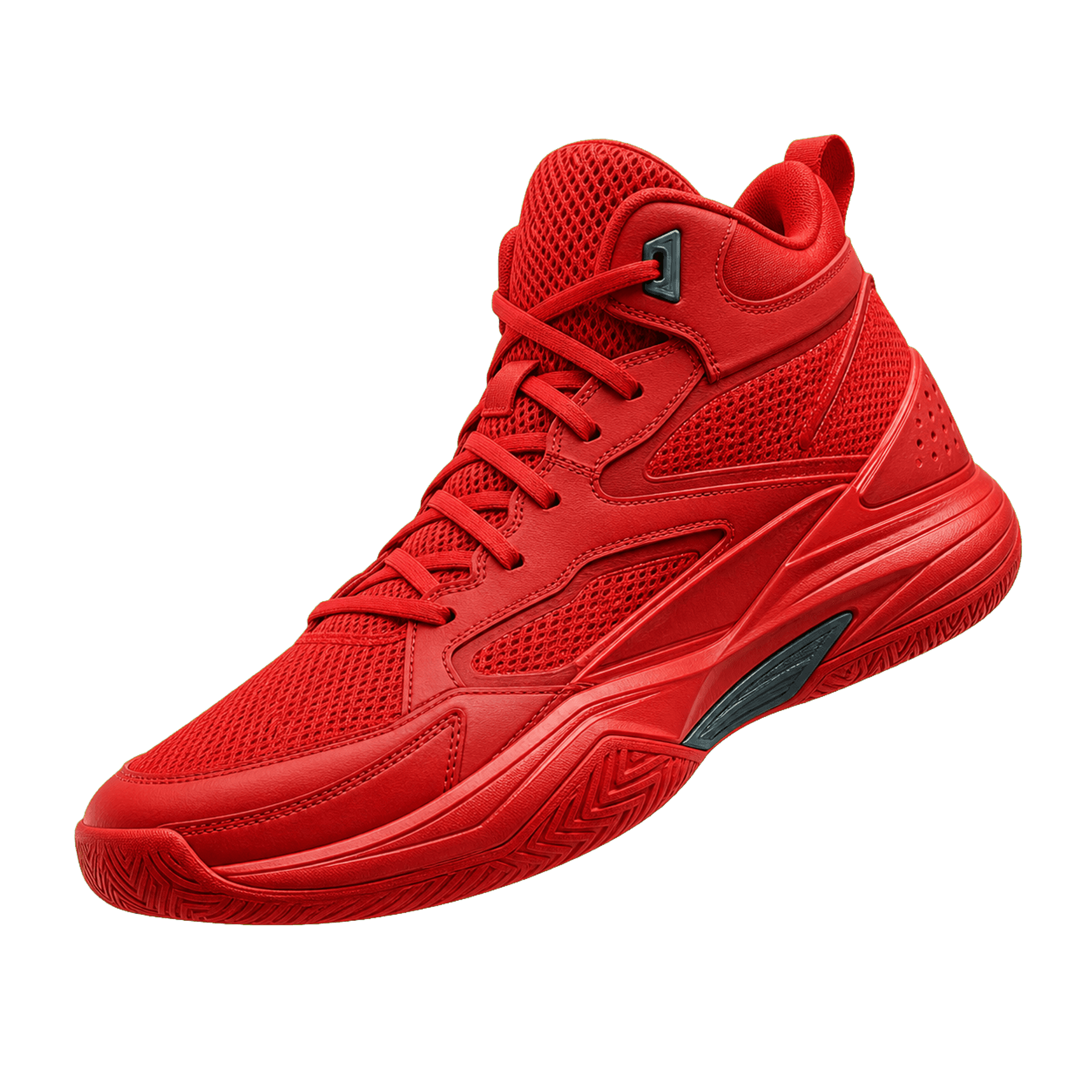Red basketball sneaker floating above an abstract court